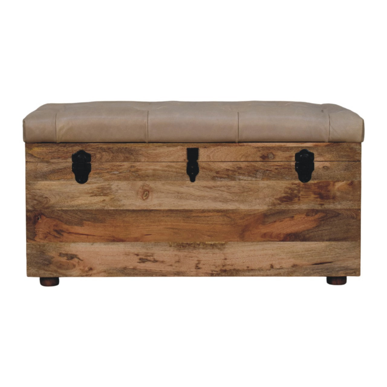 Solid Wood Buffalo Hide Leather Upholstered Storage Trunk, Beige and Brown