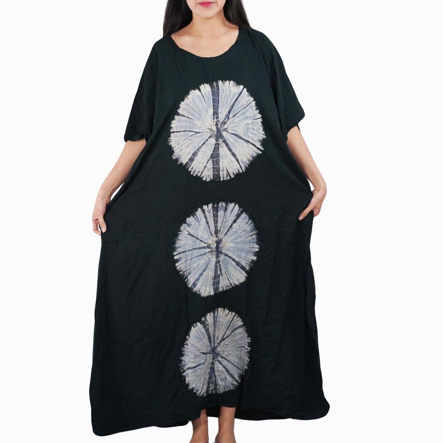 Kaftan Tie Dye Long Dress Shibori Black White Floral Pattern