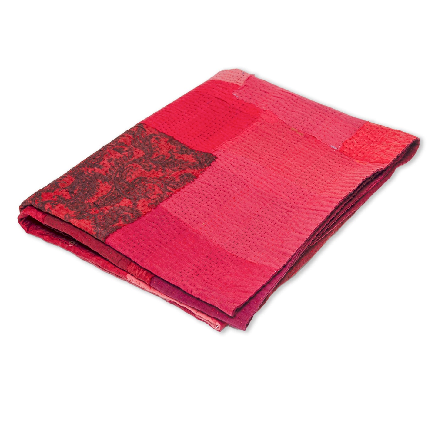 Landscape Fray Patch Handmade Vintage Kantha Throw - Red