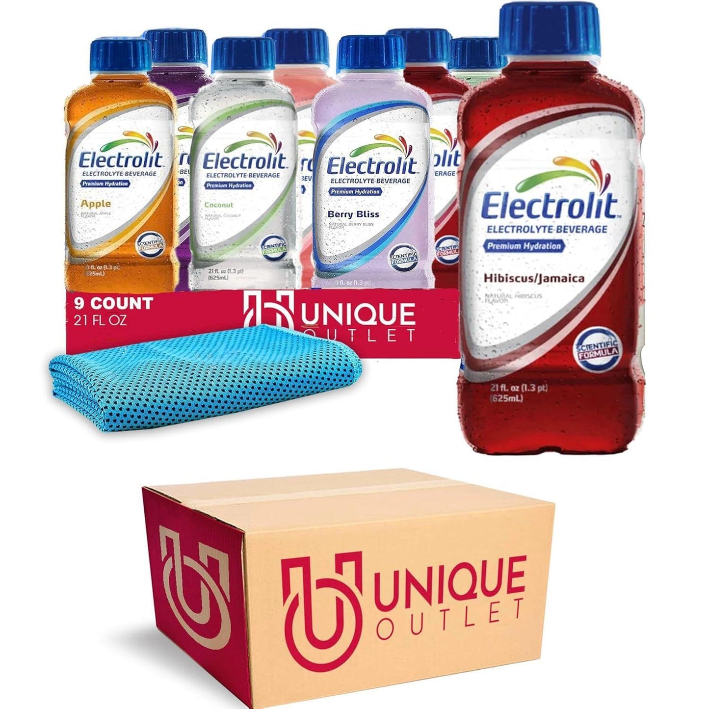 Electrolit Collection 9-Pack Of Hydration Drink With Electrolytes, 21 Fl Oz Plastic Bottle + 1 Microfiber Cooling Towel By Unique Outlet Brand