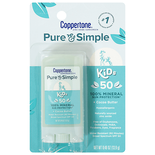Coppertone Pure & Simple Kids Broad Spectrum Sunscreen Stick, SPF 50, 0.49 Oz