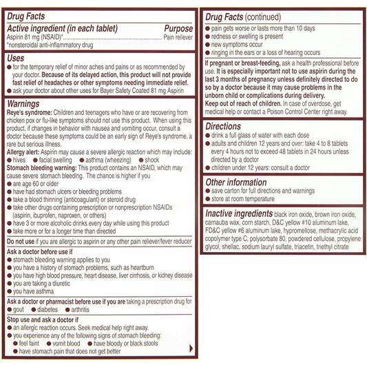 Bayer Low Dose Aspirin Regimen Safety Enteric Coated 81 Mg Tablets