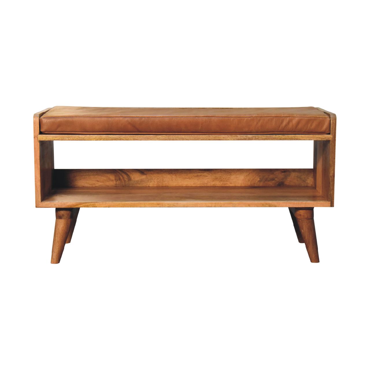 Solid Wood Bench with Leather Upholstered Seat