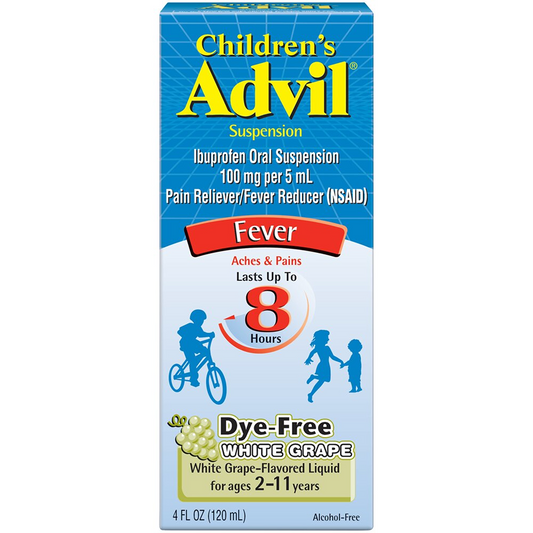 Advil Children’s Suspension (4 Fl. Oz, White Grape-Flavored), 100mg Ibuprofen Fever Reducer/Pain Reliever, Dye-Free, Liquid Pain Medicine, Ages 2 – 11