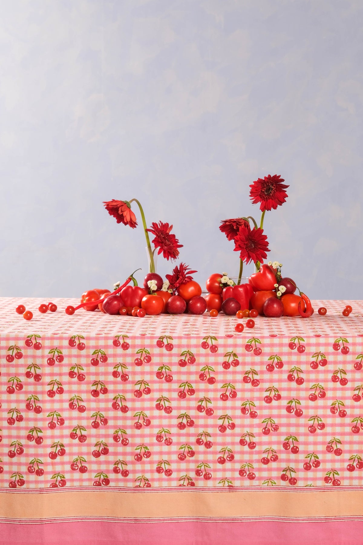 Cherry Blockprint Tablecloth in Red Gingham
