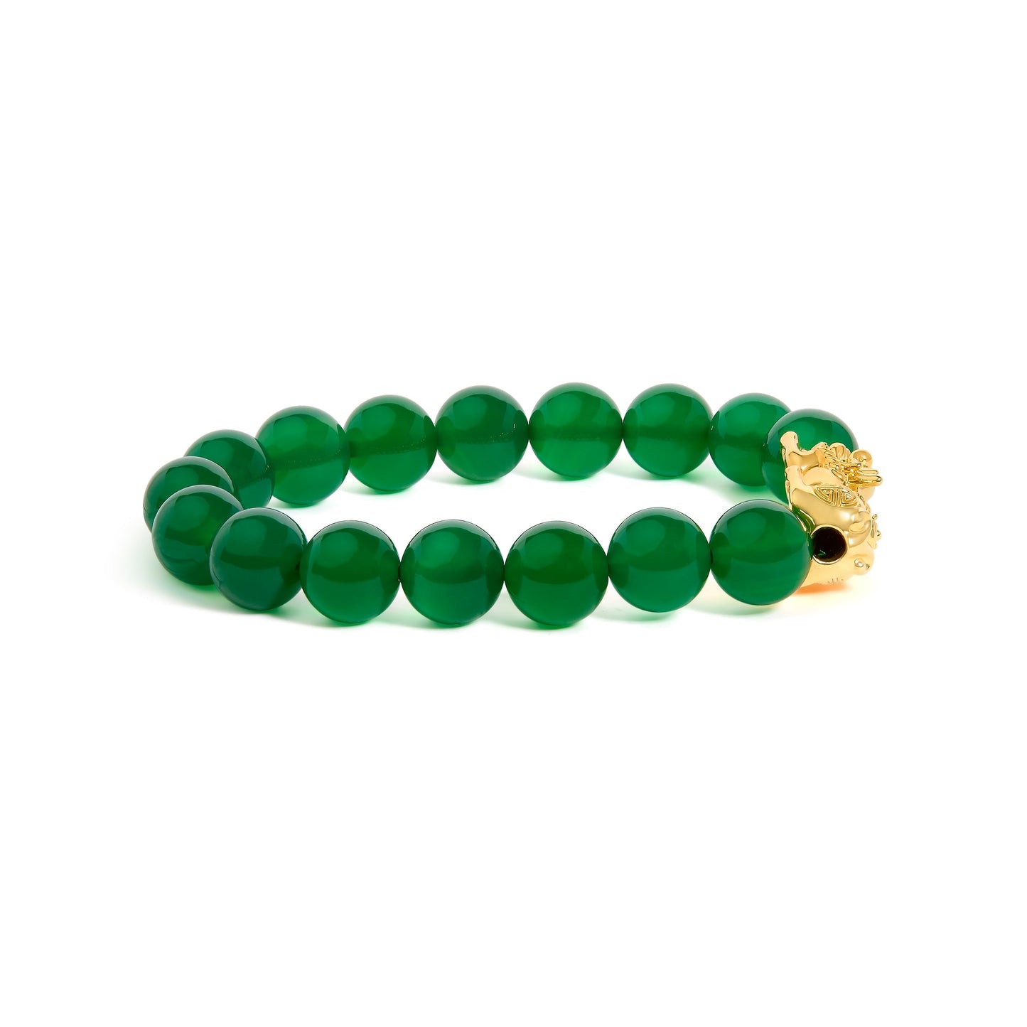18K Yellow Gold Green Agate Beaded Bracelet with Dragon Charm