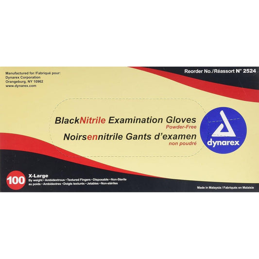 Dynarex J7-BSWP-P5NM Black Nitrile Exam Gloves, Powder-Free, Medium, Box/100