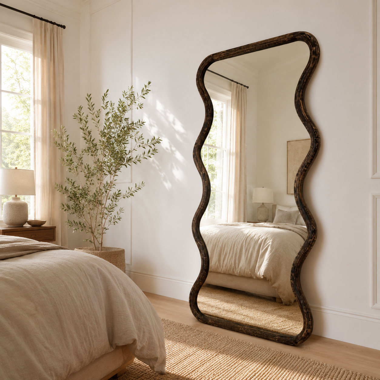 Wavy Full-Length Wall Mirror with Mango Wood Frame, 36x72"