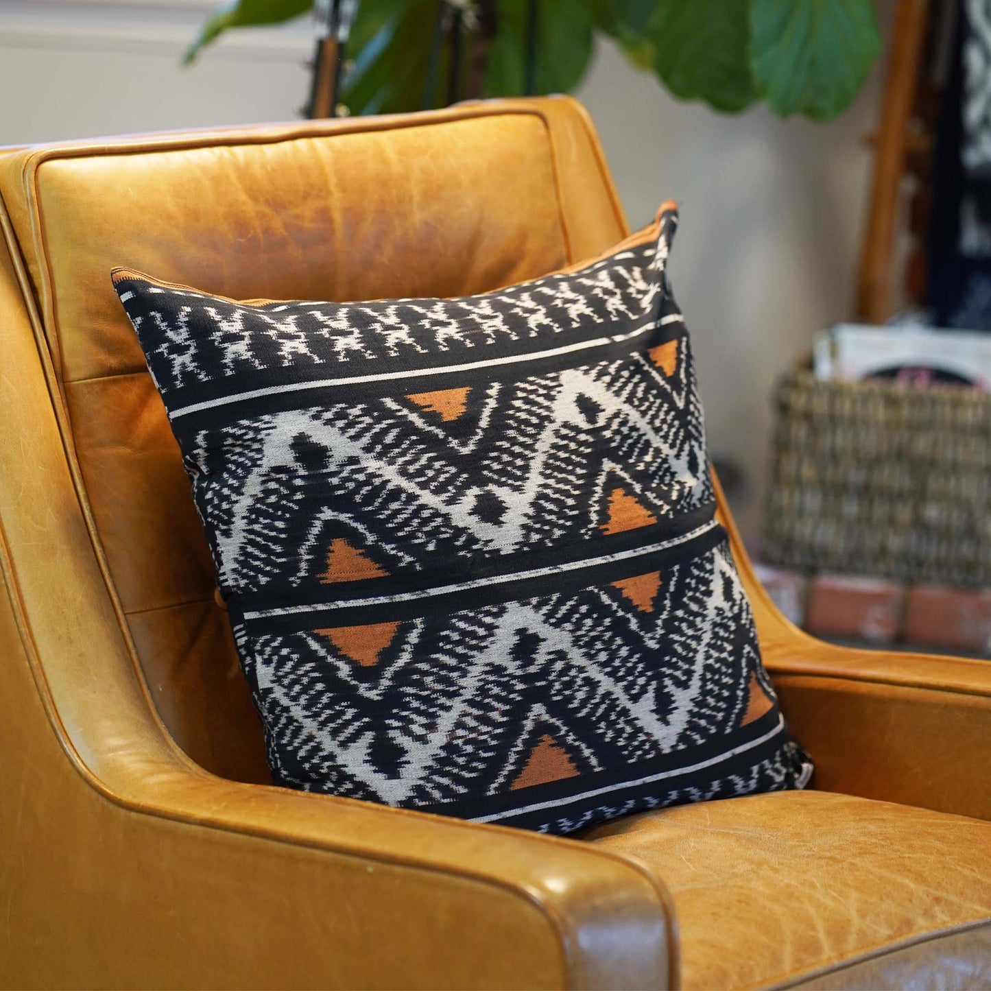 Handwoven Ikat Pillow Cover, Heritage Fire, Black and Orange. 22 x 22inches, Cushion