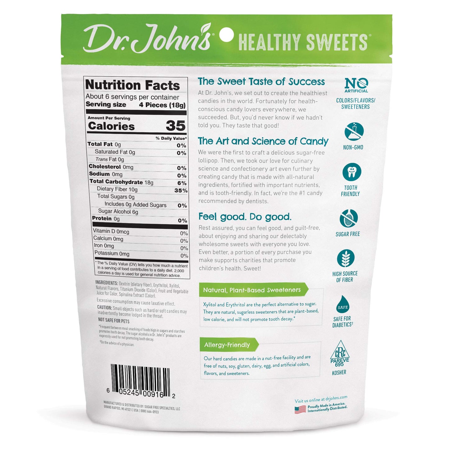 Dr. John's Healthy Sweets Sugar Free Candy, Hard Candy With Zero Sugar, Low Calorie Snacks, Keto Friendly, Vegan, Gluten Free, Spearmint Flavor, 14 Count, 3.85 OZ