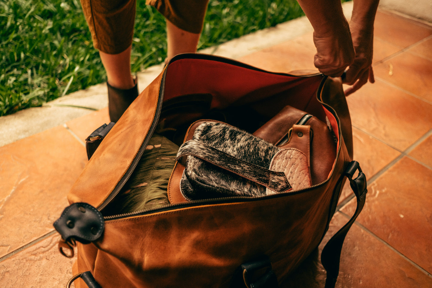 Leather Duffel - Tan And Blue