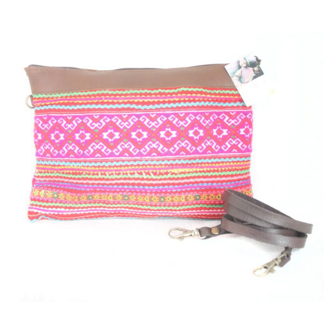 Upcycled Hmong Traditional Fabric Leather Crossbody - Thailand
