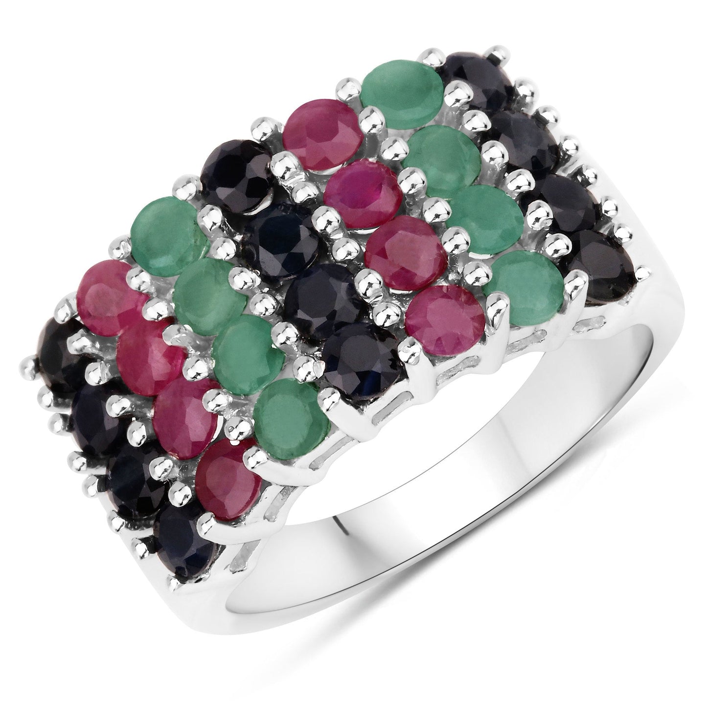 "3.40 Carat Genuine Emerald, Ruby and Black Sapphire .925 Sterling Silver Ring