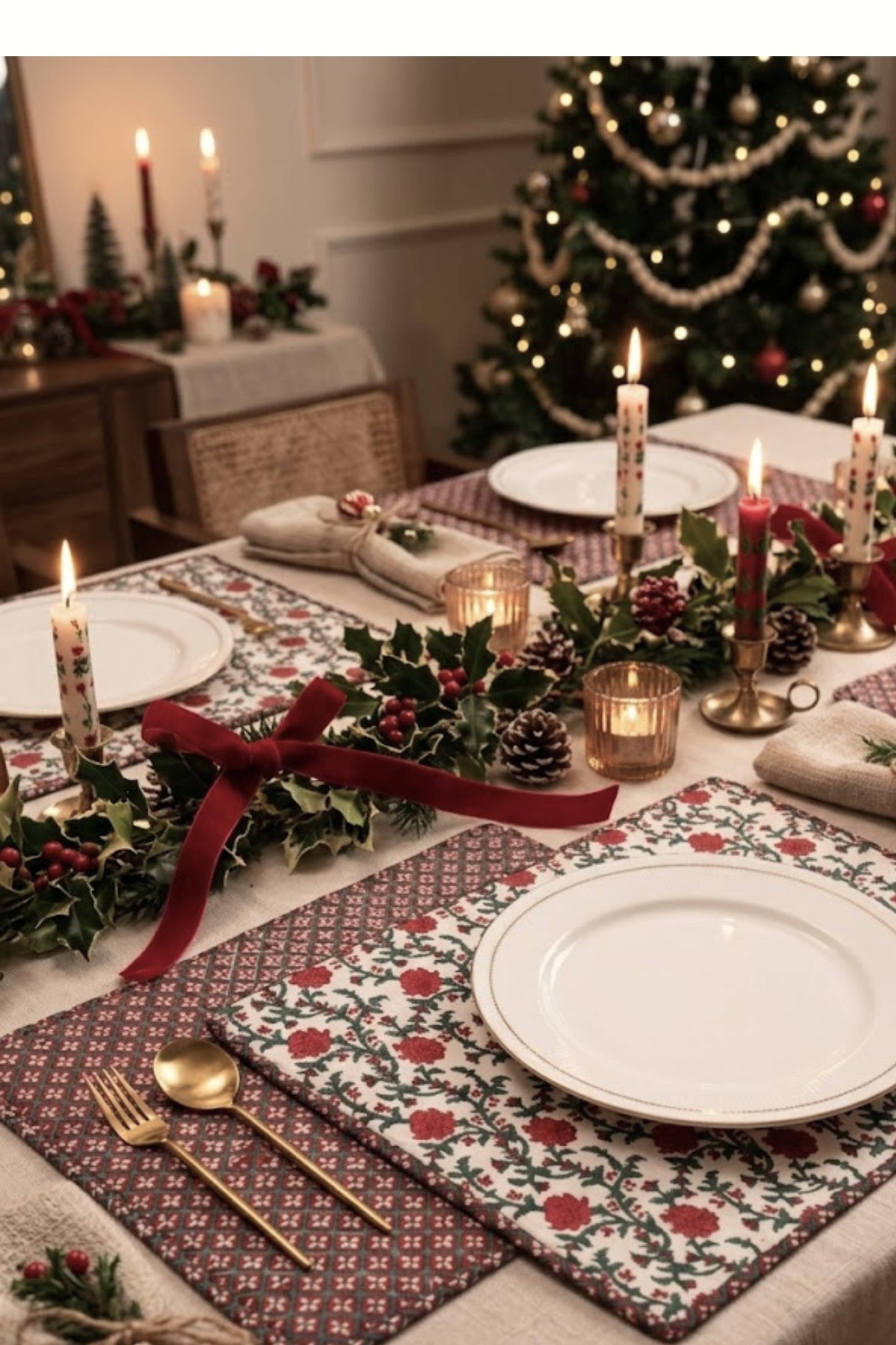 Holly & Berry Crimson Reversible BlockPrint Placemat (Setx2)
