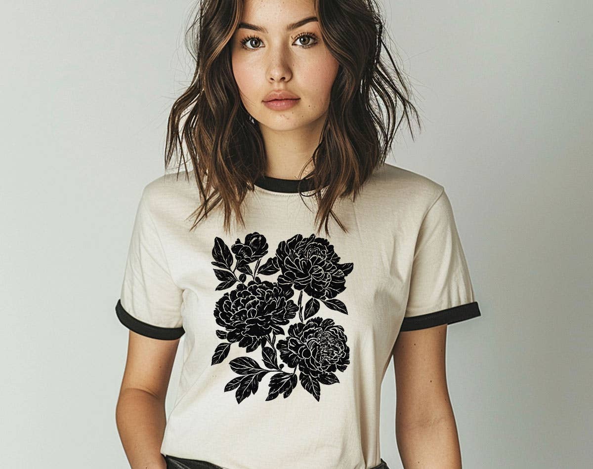 Retro Linocut Peonies Boho Ringer Tee