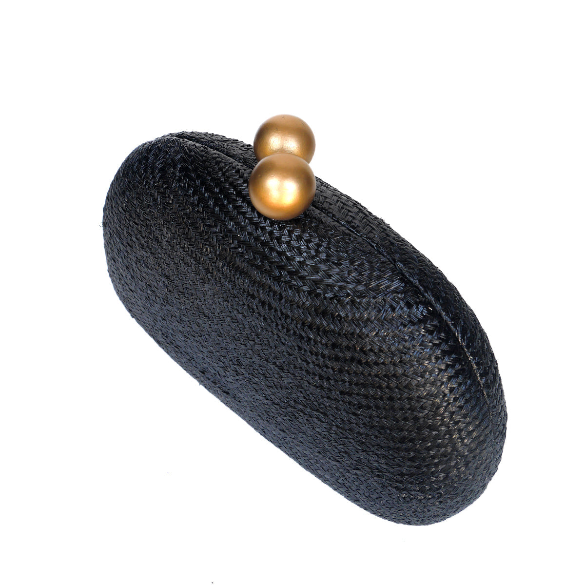 THE HELENA — Black Woven Straw Clutch with Gold Ball Clasp