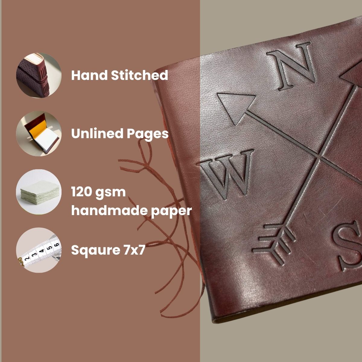 Compass 7x7 Artist Handmade Leather Journal