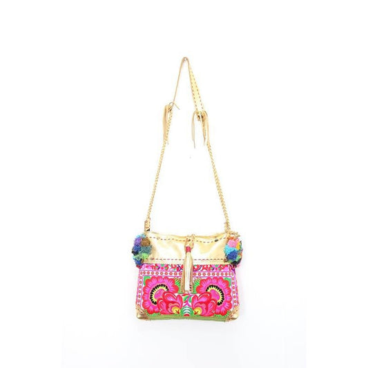 Handmade Gold Leather Crossbody Bag with Hmong Textile, Boho Pom Pom Tassel Purse, Tribal Ethnic Fair Trade Bag from Thailand
