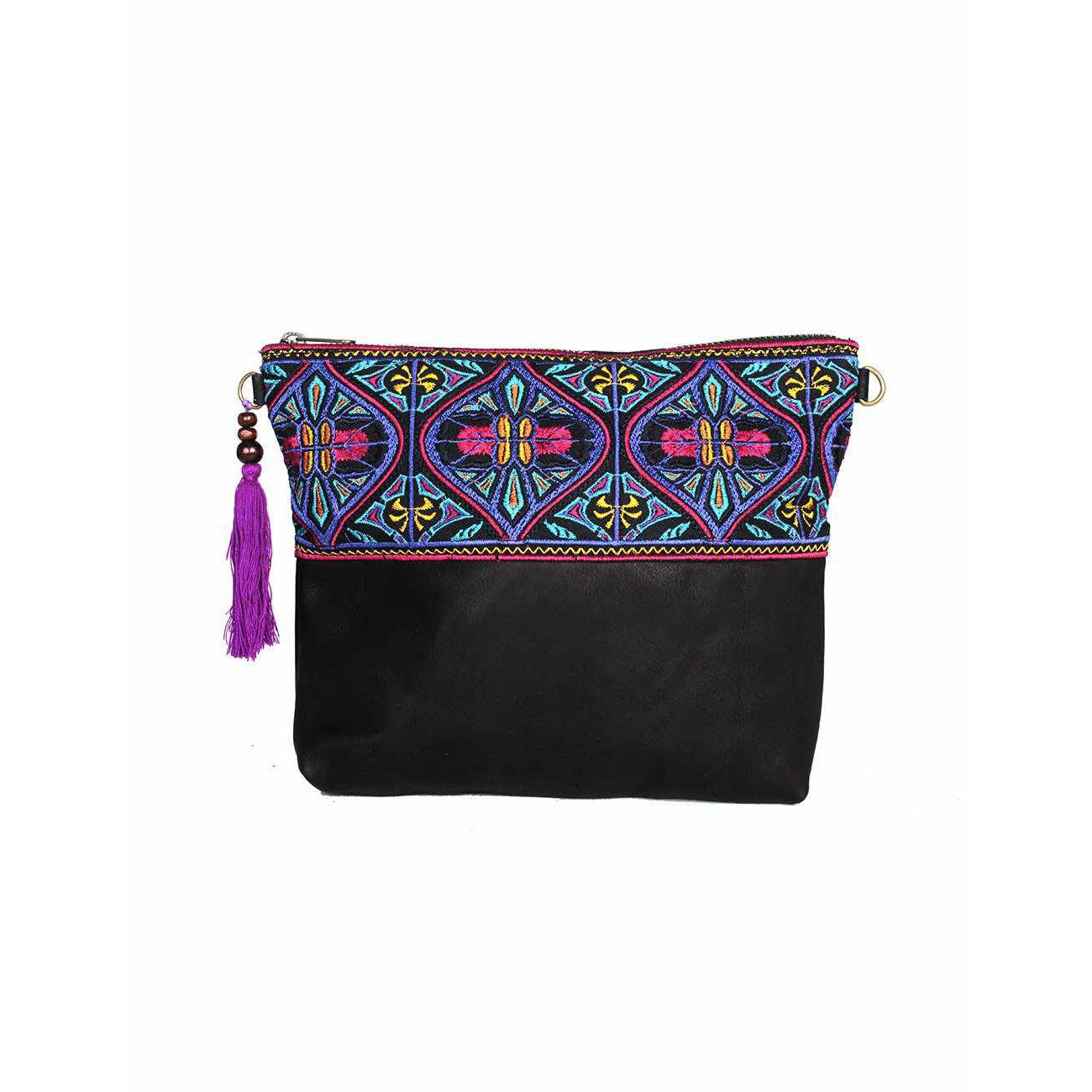 Convertible Embroidered Leather Crossbody / Clutch Bag - Thailand