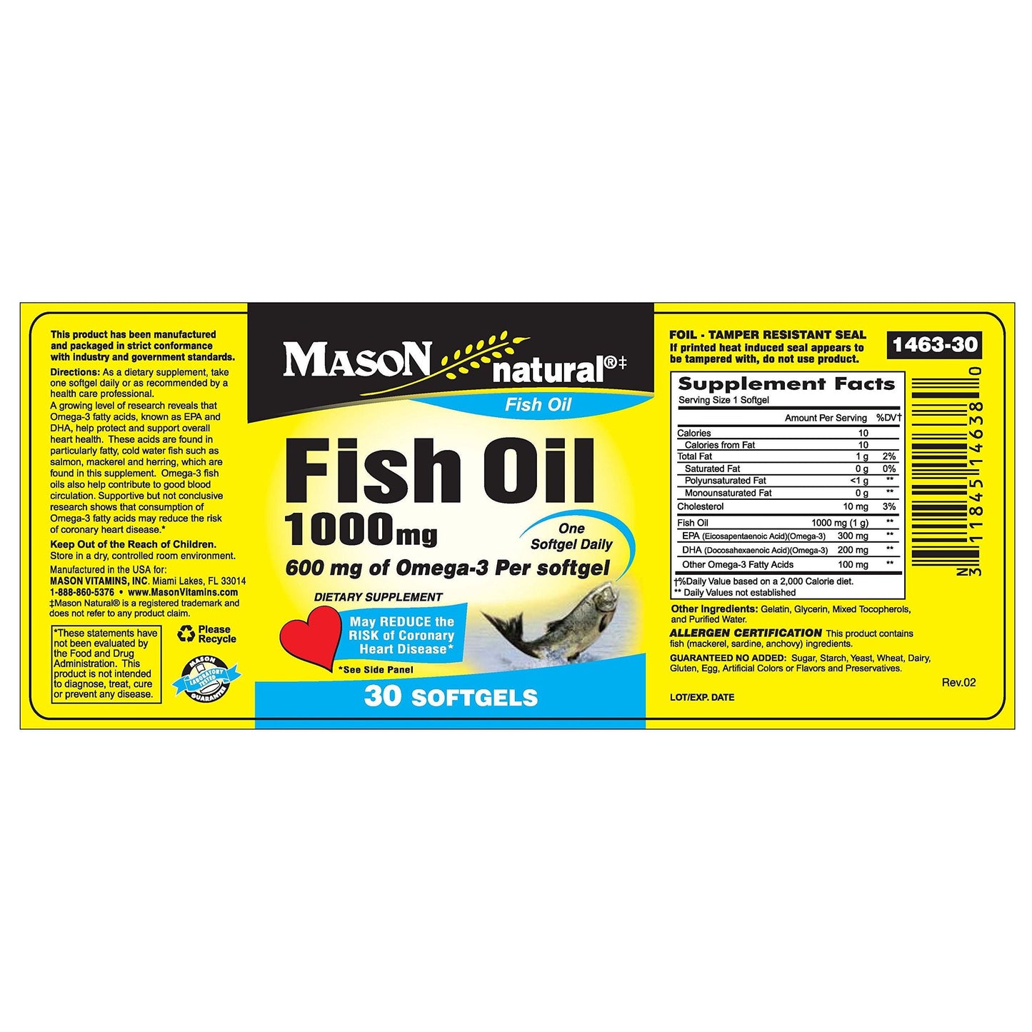Mason Natural Fish Oil, Super Omega-3, 1000 Mg, Softgels