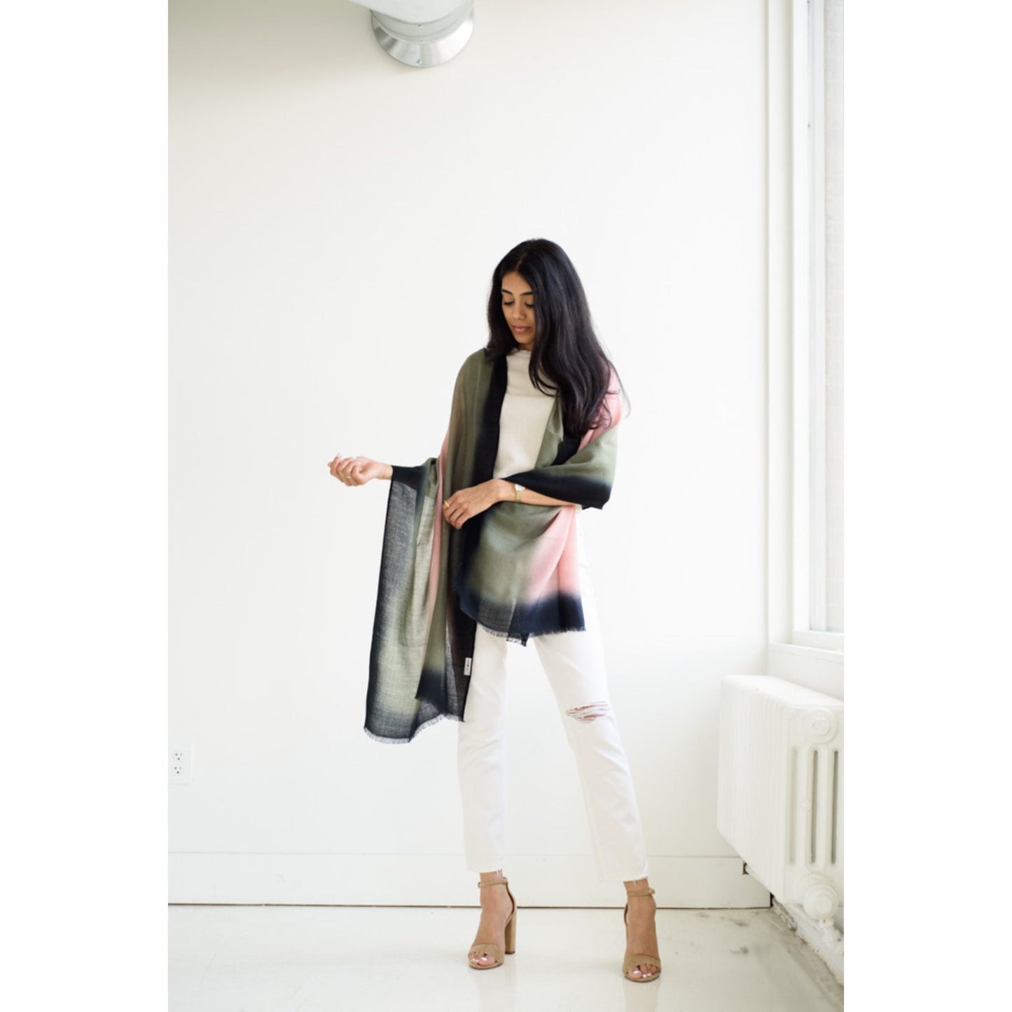 Iris Kiwi Green Pink Cashmere Merino Handwoven Scarf