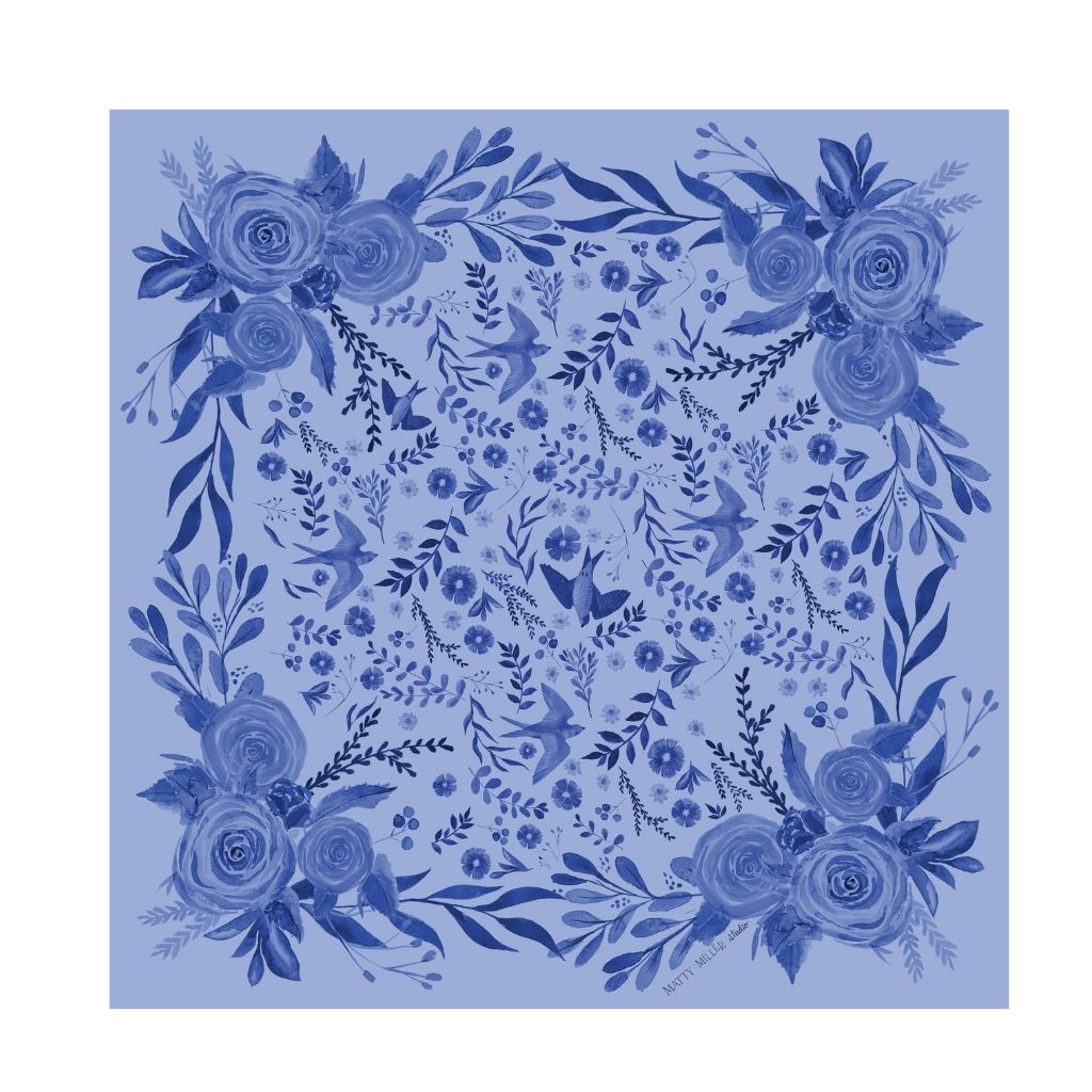 100% Silk Scarf: Zephyr - Blue Floral Bird Pattern