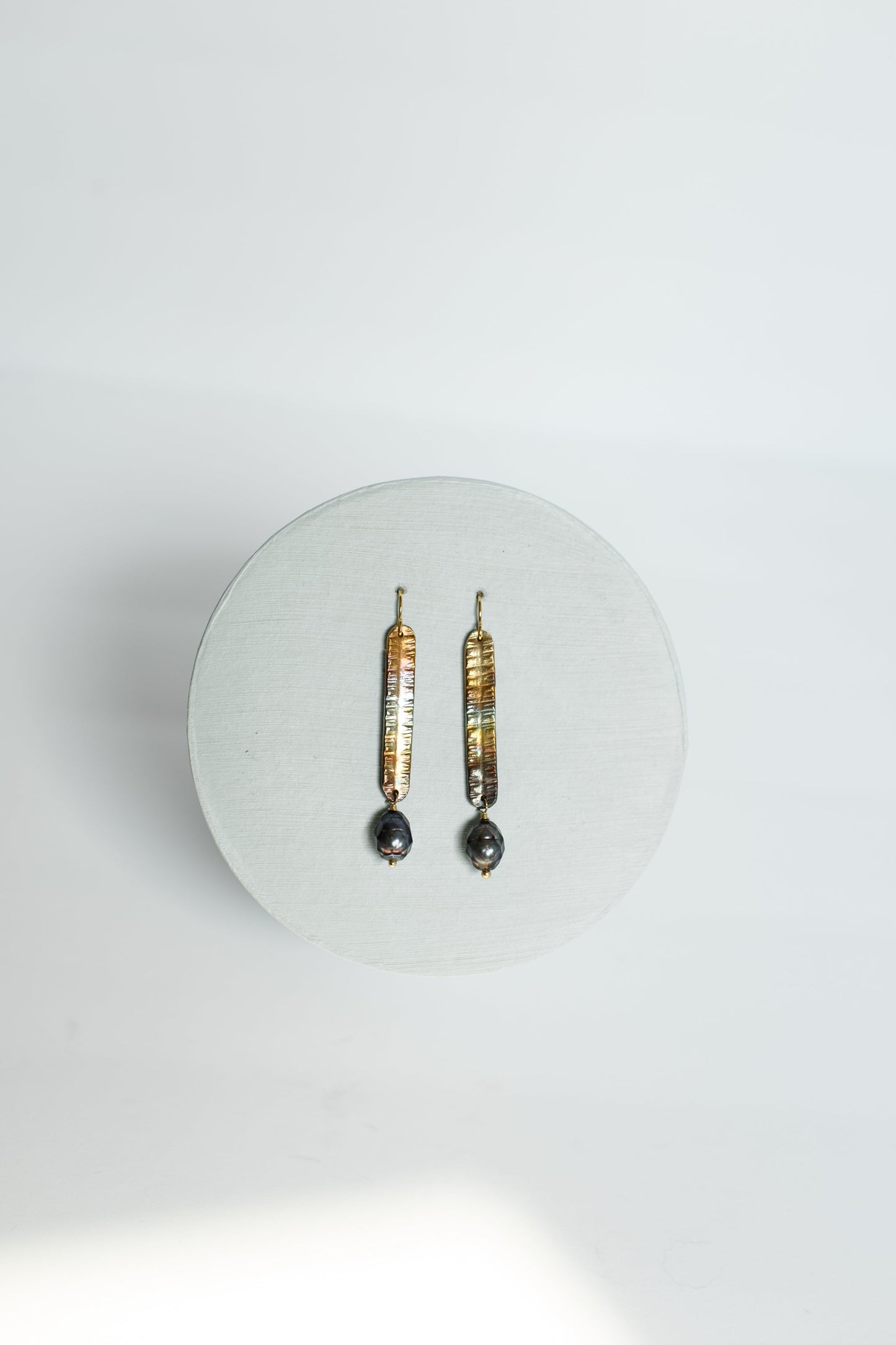 Refined Through Fire Earrings | FW Pearl & Repurposed Auto Copper Brake Line | Gold Plated Ear Wire
