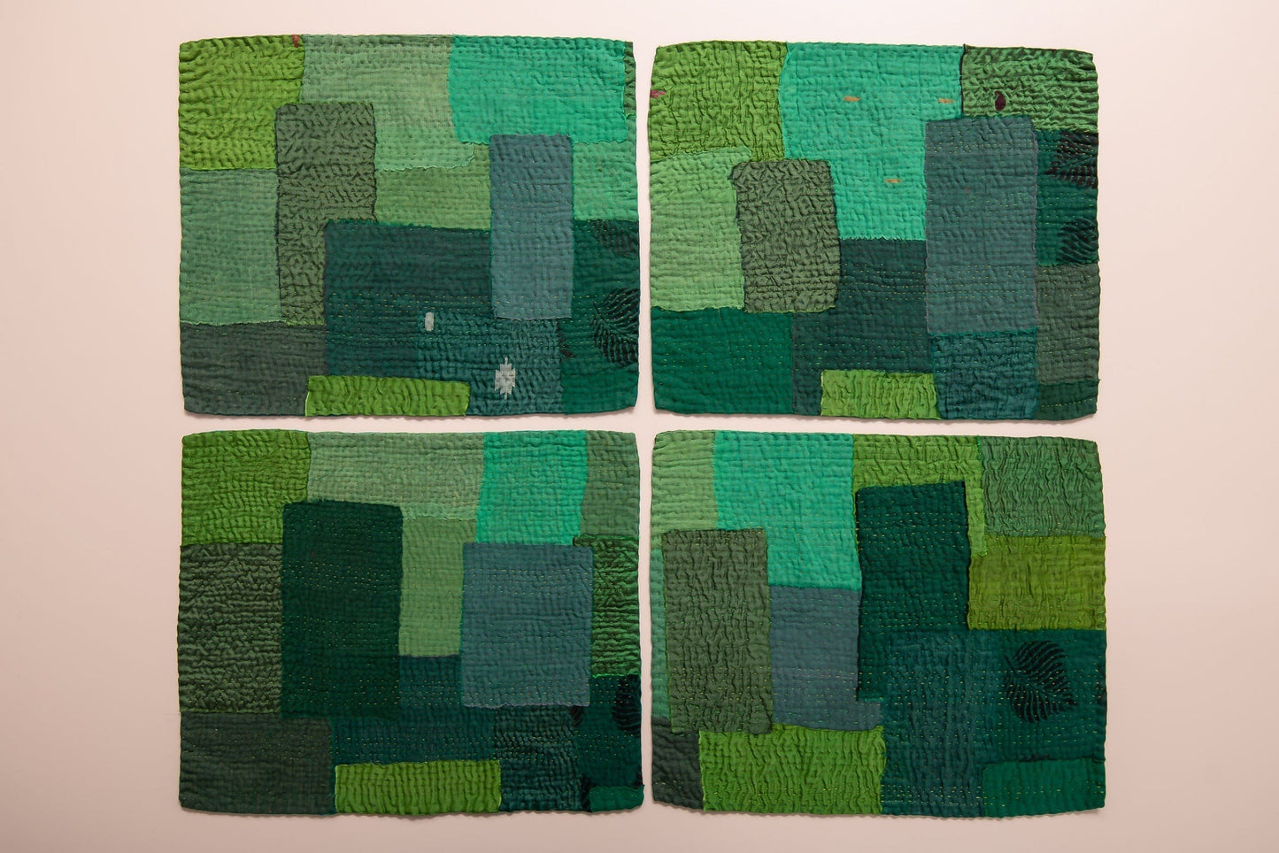 S/2 Landscape Fray Patch Vintage Kantha Placemat - Green