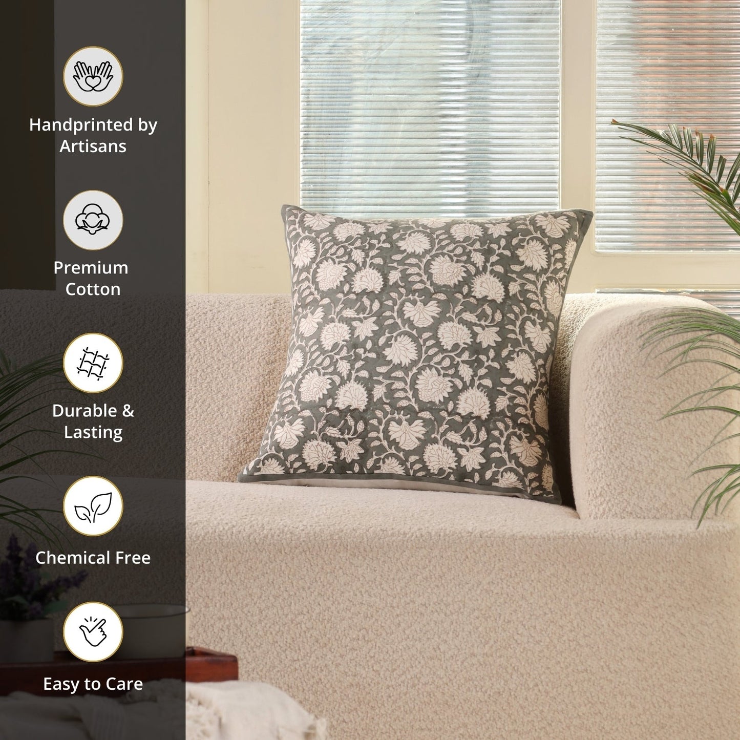 Charcoal & Off-White Blockprint Pillow Cover (18" x 18")