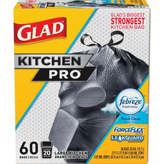 Glad Kitchen Bags w/Drawstring, 20gal, 60 Bags, Fresh Clean, BK