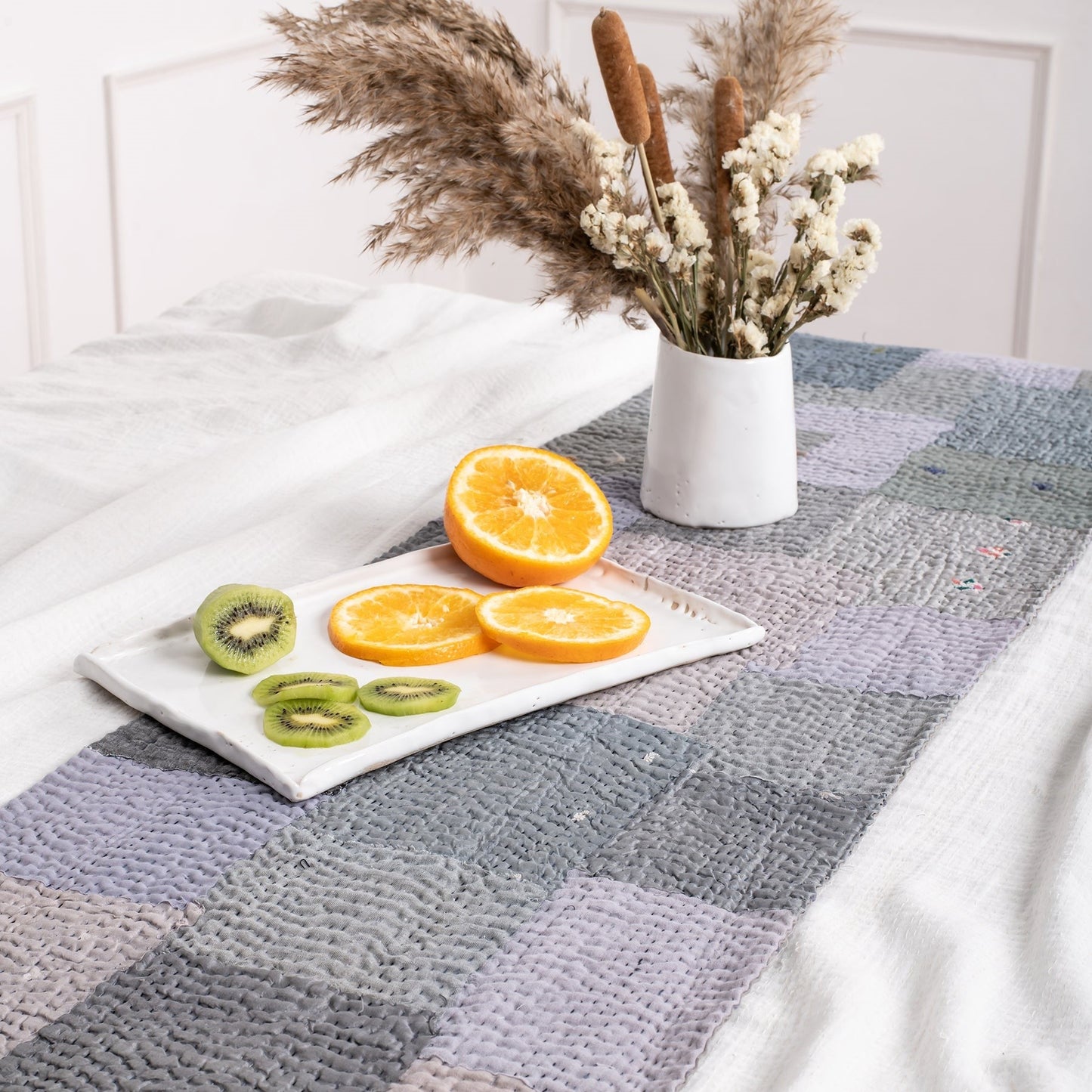 Mosaic Fray Patch Vintage Kantha Table Runner - Hydrangea