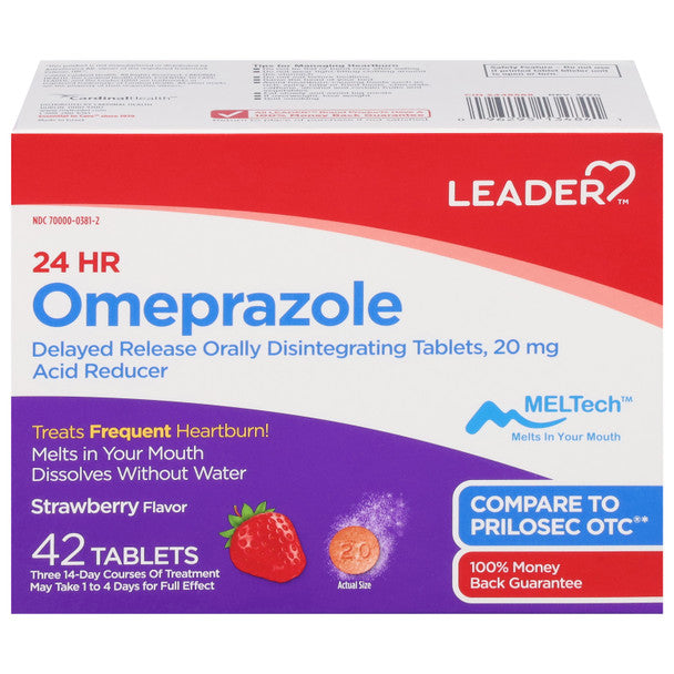 Leader Omeprazole Acid Reducer 20mg 42 Tablets Strawberry Flavor