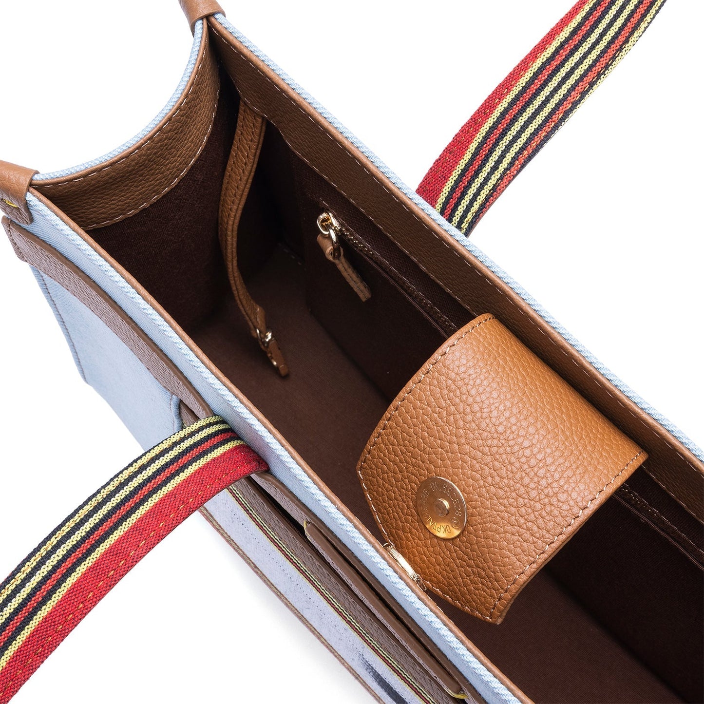 Tobacco Leather & Denim Canvas Tote Bag with Pockets