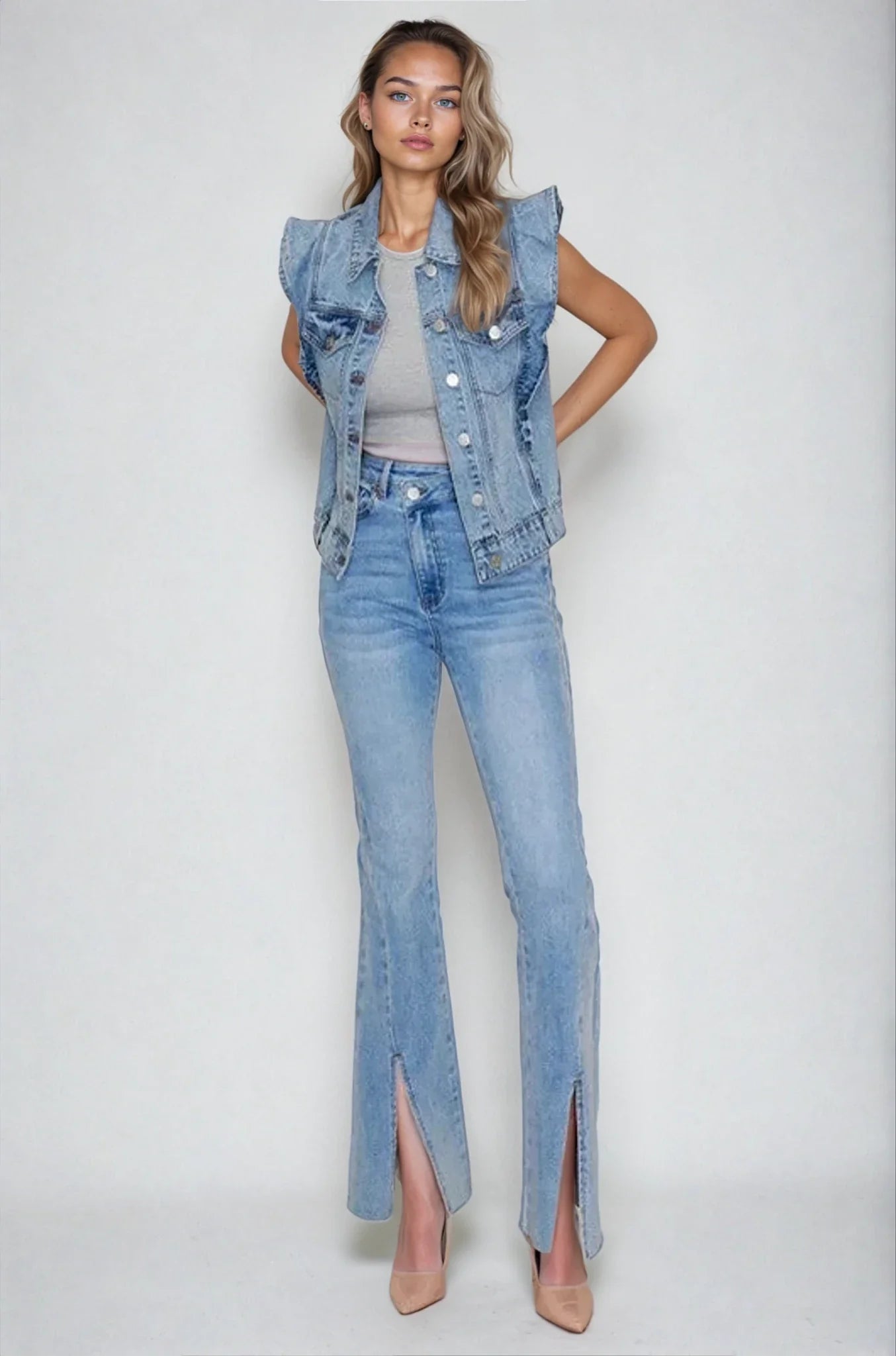 Victorian Charm Ruffle-Trim Denim Vest Jacket – Sleeveless Statement Layer- Light Denim