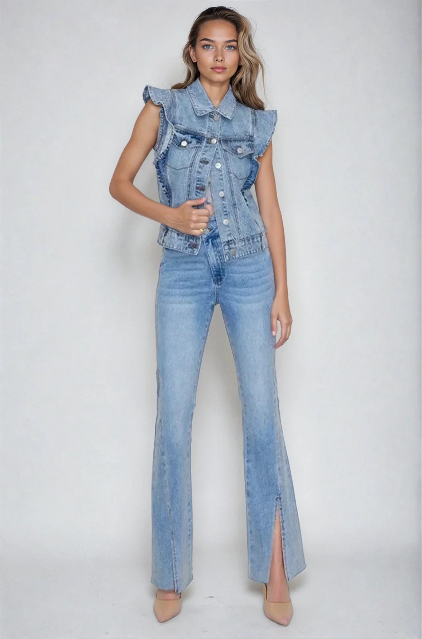 Victorian Charm Ruffle-Trim Denim Vest Jacket – Sleeveless Statement Layer- Light Denim