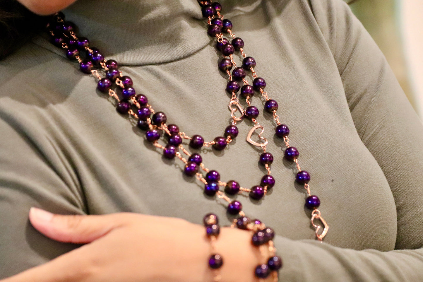 Violet Purple Hematite 3-Layer Necklace | Magnetic Clasp