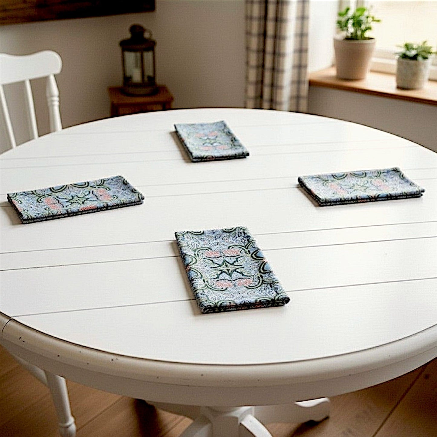 S/4 Cotton Placemat & Napkin, Blue Floral Block Print