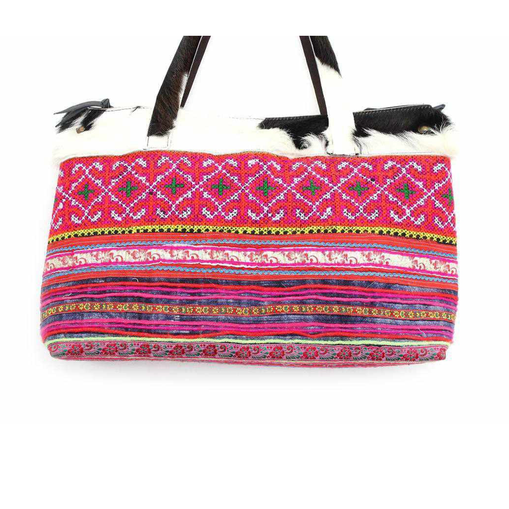 Upcycled Hmong Textile Cowhide One-of-a-kind Leather Tote Purse - Thailand