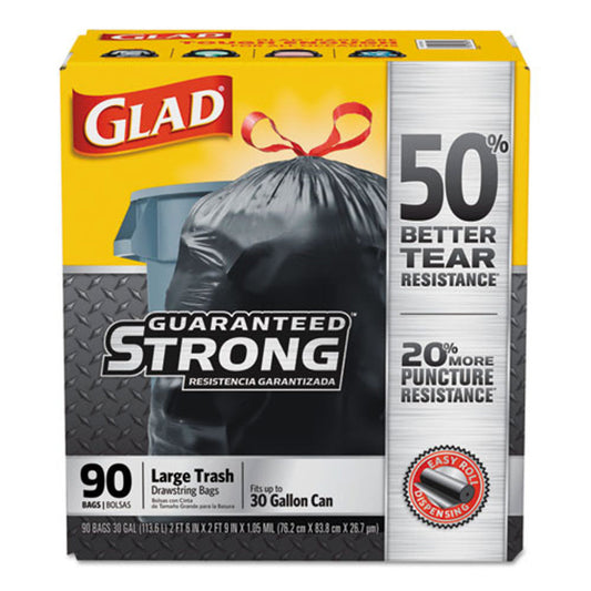 Glad Drawstring Large Trash Bags, Three-Ply, 30 Gal, 1.05 Mil, 30" X 33", Black, 15 Bags/Box, 6 Boxes/Carton