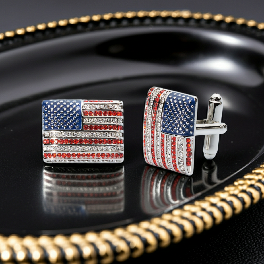 Stars & Stripes Crystal Cufflinks – American Flag Enamel & Crystal Accents