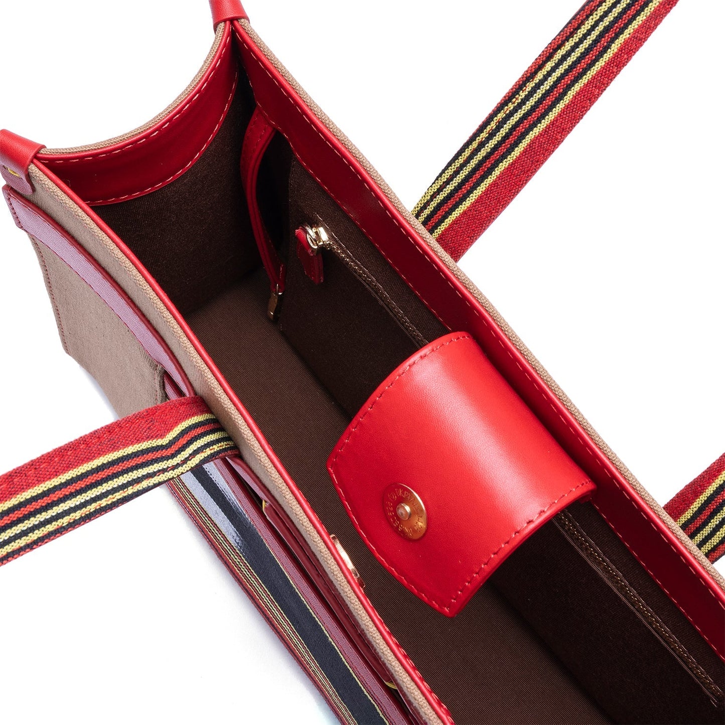 Midi Red Leather & Tobacco Canvas Tote Bag with Pockets