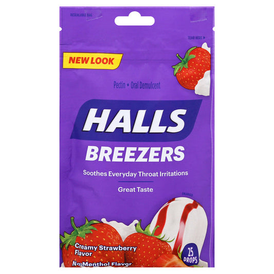 Halls Drops, Creamy Strawberry Flavor, Throat Soothing