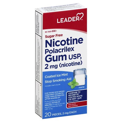 Leader Nicotine Gum, Sugar Free, 2 Mg, Stop Smoking Aid, Coated Ice Mint
