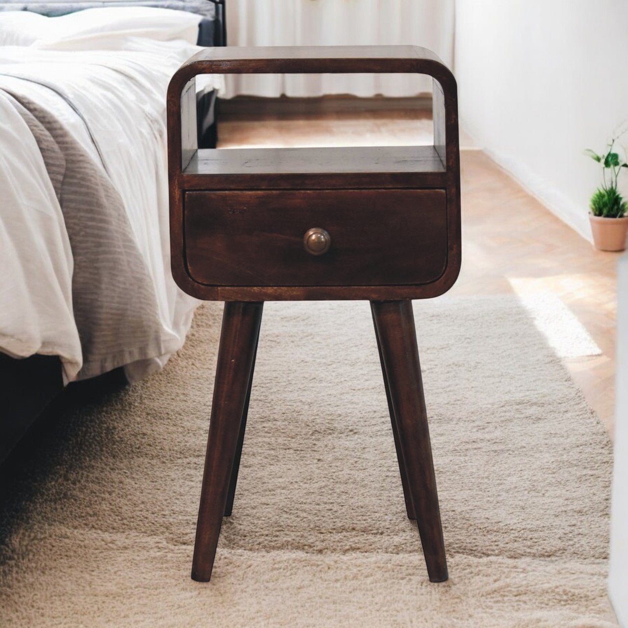 Solid Wood Mini California Walnut Curved Bedside Table