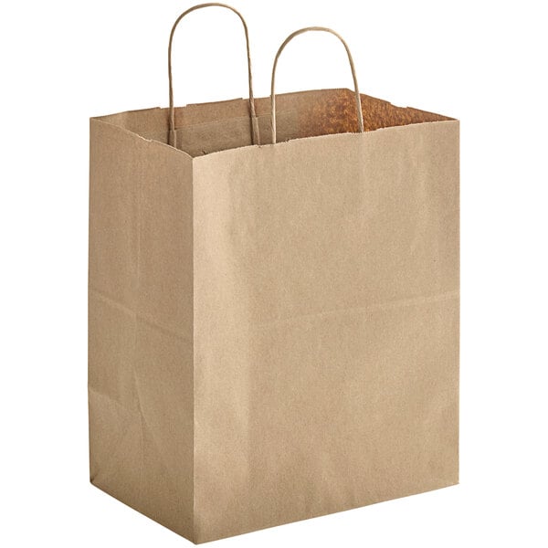 Duro 10 x 6.75 x 12 in Bistro Natural Kraft Paper Shopping Bag with Handles, 60% Recycled (QTY 250), SKU 87490