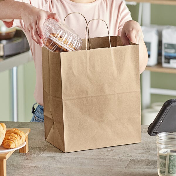 Duro 10 x 6.75 x 12 in Bistro Natural Kraft Paper Shopping Bag with Handles, 60% Recycled (QTY 250), SKU 87490