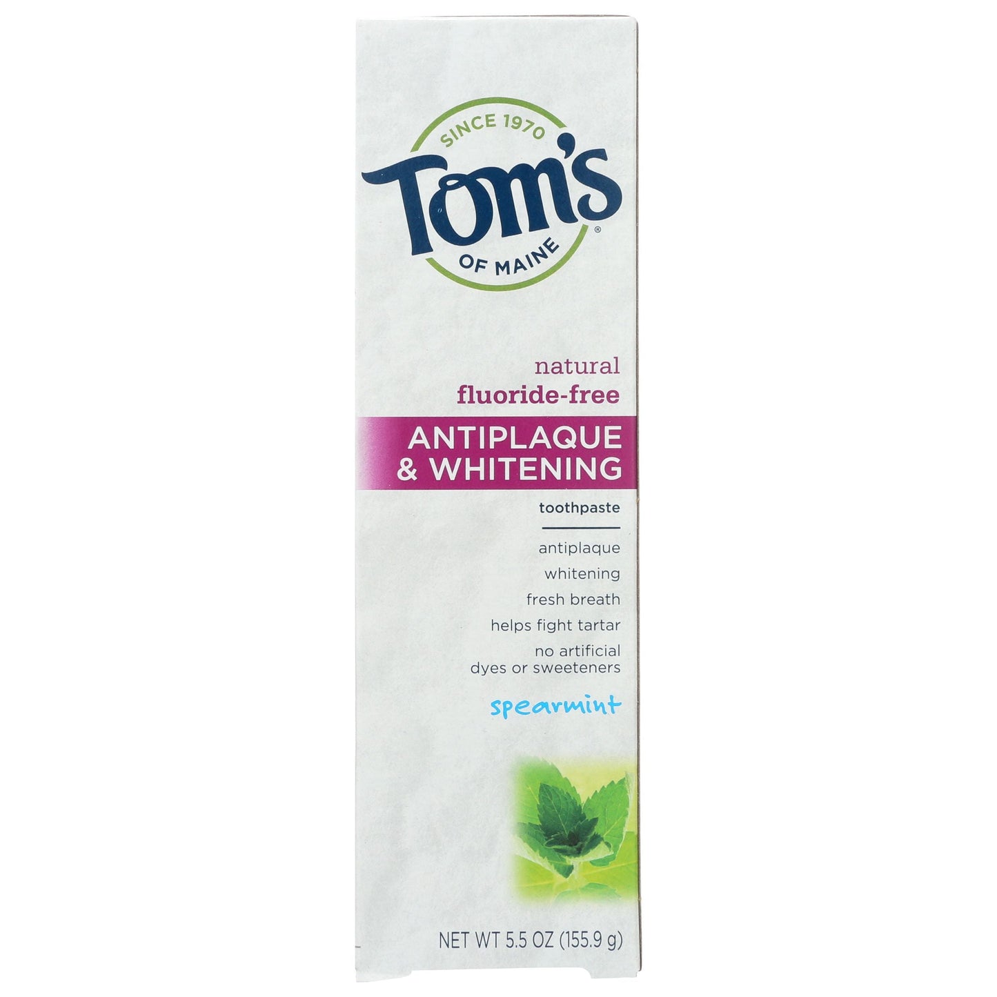 Tom's of Maine Natural Antiplaque And Whitening Fluoride Free Toothpaste Spearmint 55 Ounce