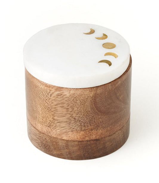 Indukala Moon Phase Round Keepsake Box - Wood, Marble, Brass - Osadia Concept Store