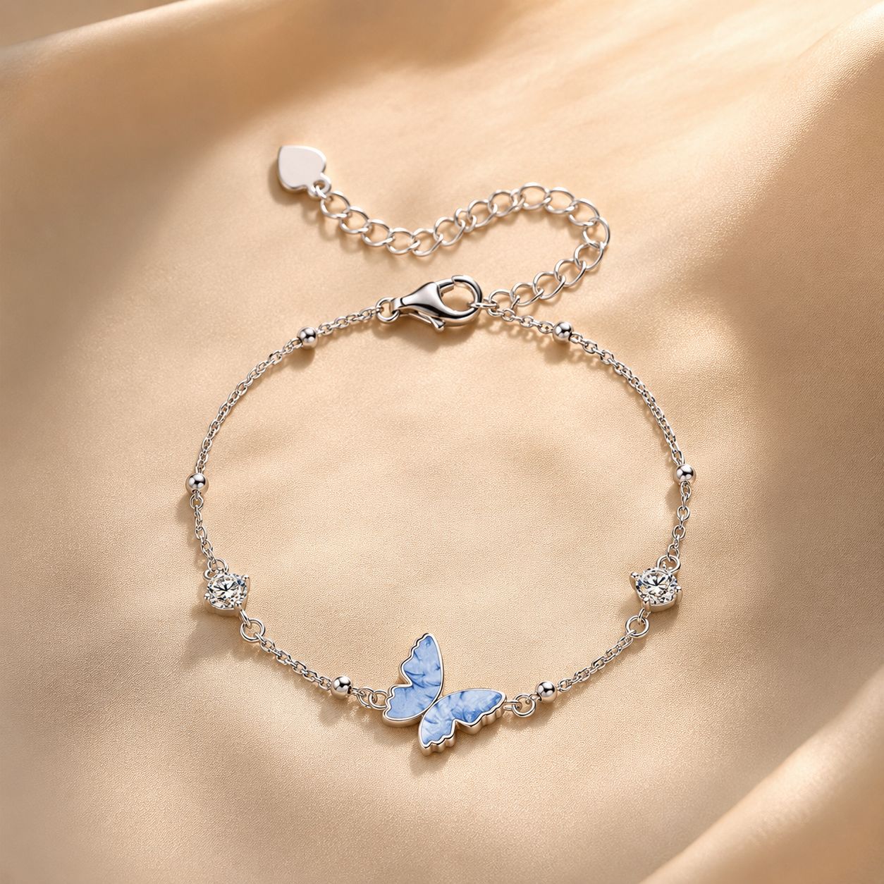 925 Sterling Silver White Gold Plated Bracelet with Enamel and CZ - 15+6cm Length