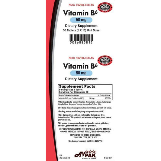 AvKARE Vitamin B6 Tablets, 50mg